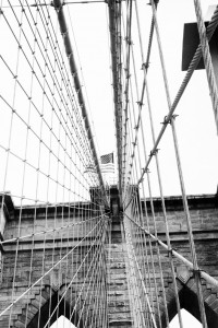 Brooklyn Bridge with flag